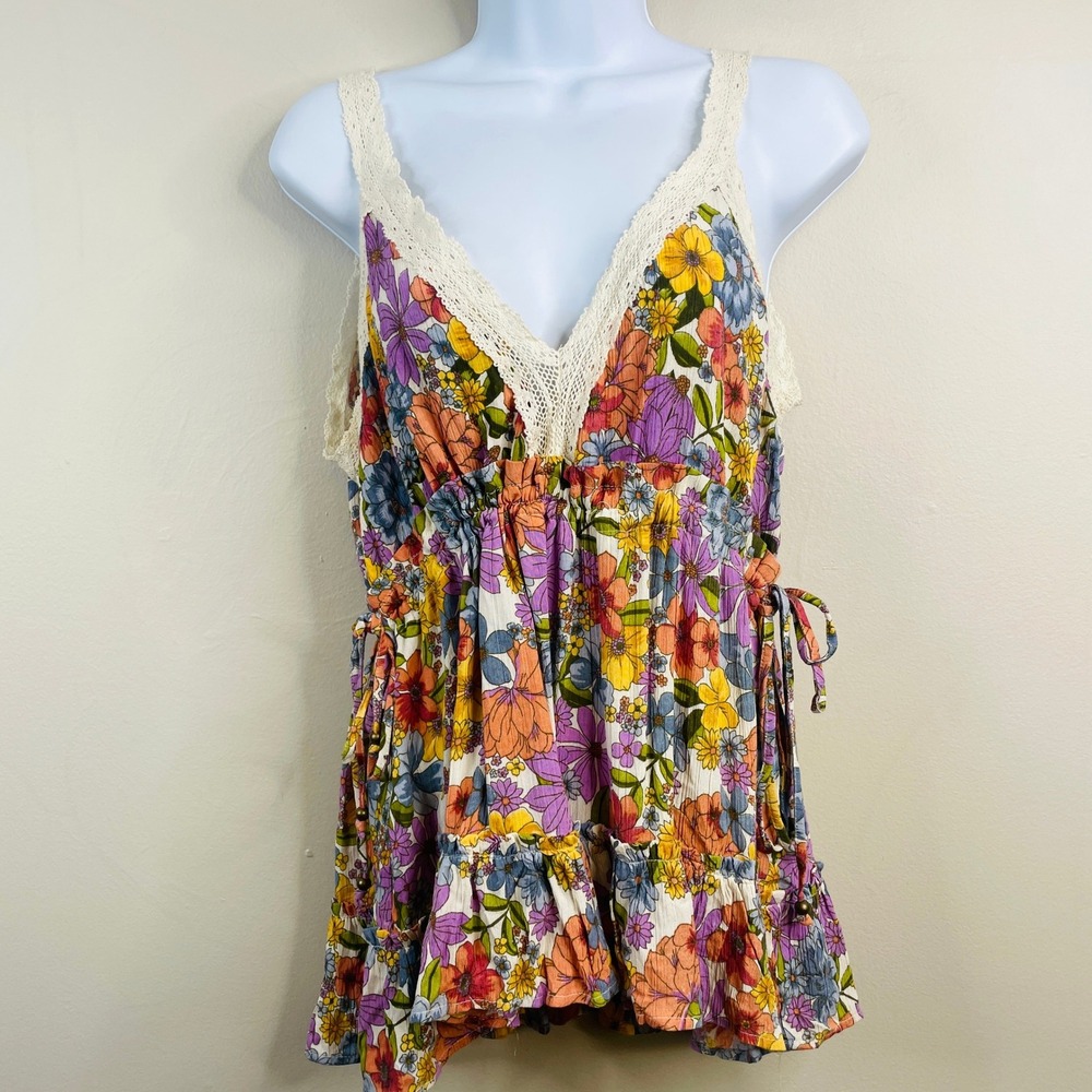 Angie Babydoll Boho Floral Tank Top Large Indie Crochet Lace Trim Festival Party